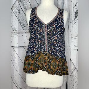 Patrons of Peace Blue Floral Boho Hi Low Hem V-Neck Top Blouse M